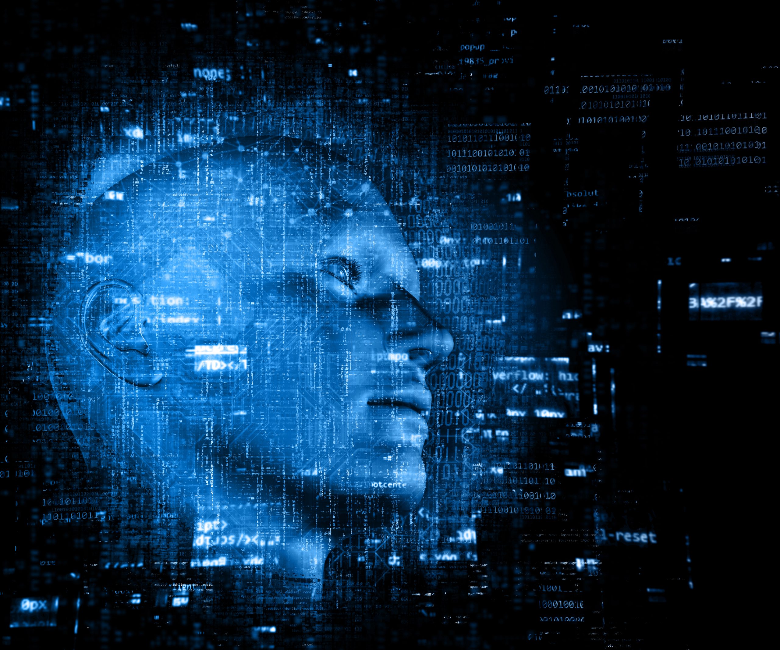 Digitale Darstellung eines menschlichen Gesichts aus Datenströmen und Programmiercode in leuchtendem Blau – symbolisiert künstliche Intelligenz, maschinelles Lernen und zukunftsweisende Technologien auf dem AI CAN Event in München.