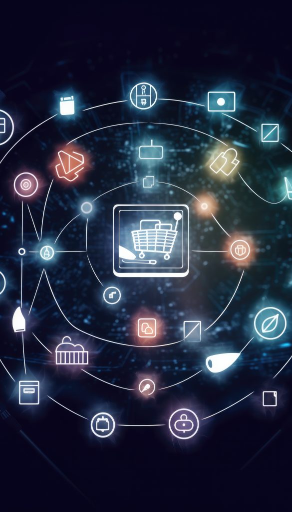 Leuchtende digitale Icons aus den Bereichen E-Commerce, Einzelhandel und Kommunikation kreisen um ein zentrales Einkaufswagensymbol – symbolisiert vernetzten Omnichannel-Handel und digitale Vertriebsstrategien.