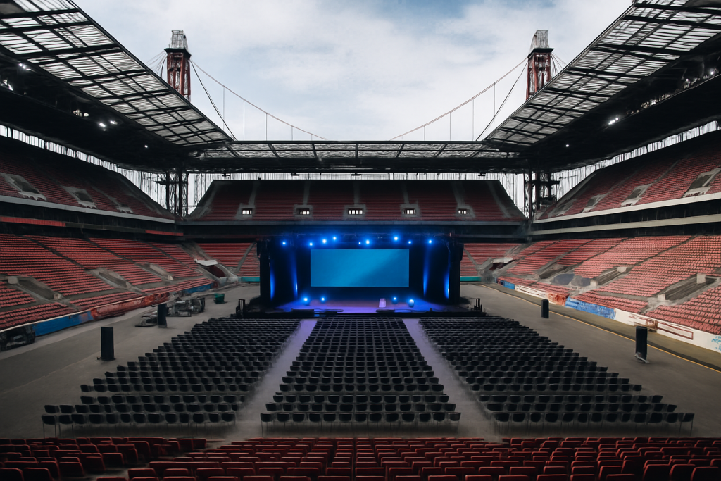 Leeres Stadion mit großer LED-Bühne und Bestuhlung – Sinnbild für große digitale Events, strategische Reichweite und Performance-Kampagnen der komenci GmbH im Bereich Eventmarketing und skalierbare Sichtbarkeit.