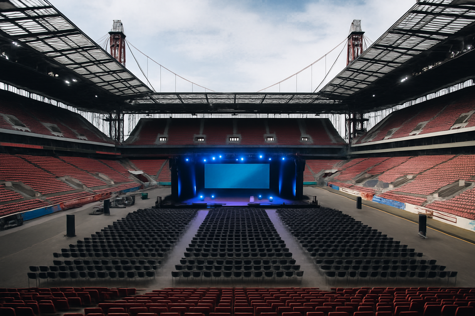 Leeres Stadion mit großer LED-Bühne und Bestuhlung – Sinnbild für große digitale Events, strategische Reichweite und Performance-Kampagnen der komenci GmbH im Bereich Eventmarketing und skalierbare Sichtbarkeit.