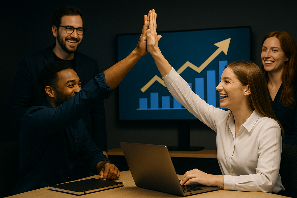 Motivierte Mitarbeiter der komenci GmbH feiern einen Erfolg mit High-Five vor wachstumsorientierten Grafiken – zeigt den Teamzusammenhalt und die Karrierechancen bei komenci.