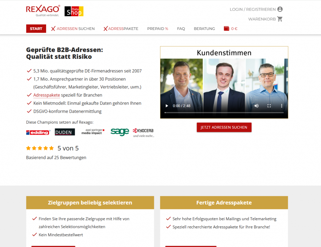 Rexago DataShop: Digitale Vertriebsplattform für B2B-Adressen – unterstützt durch SEA und SEO.