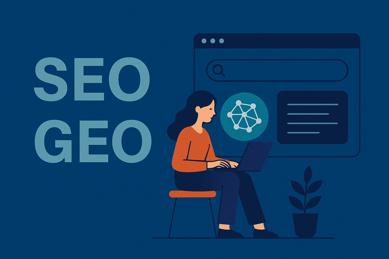 „Illustration einer Frau am Laptop vor einer digitalen Suchoberfläche – Symbol für den Wandel von SEO zu GEO im Zeitalter generativer KI. In komenci-Farben gestaltet (#0C3E7F, #C39952).“