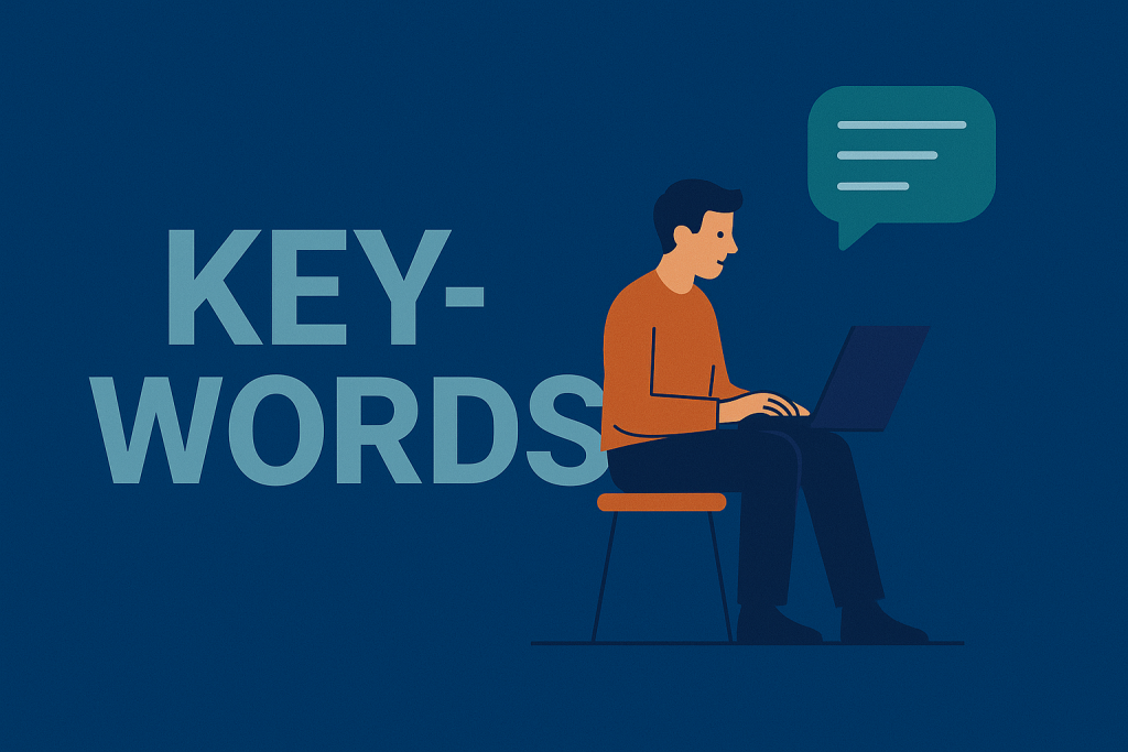 „Illustration eines Mannes am Laptop mit Sprechblase als Symbol für Keyword-Recherche im digitalen Marketing. Text ‚Keywords‘, umgesetzt in den komenci-CI-Farben (#0C3E7F, #C39952).“