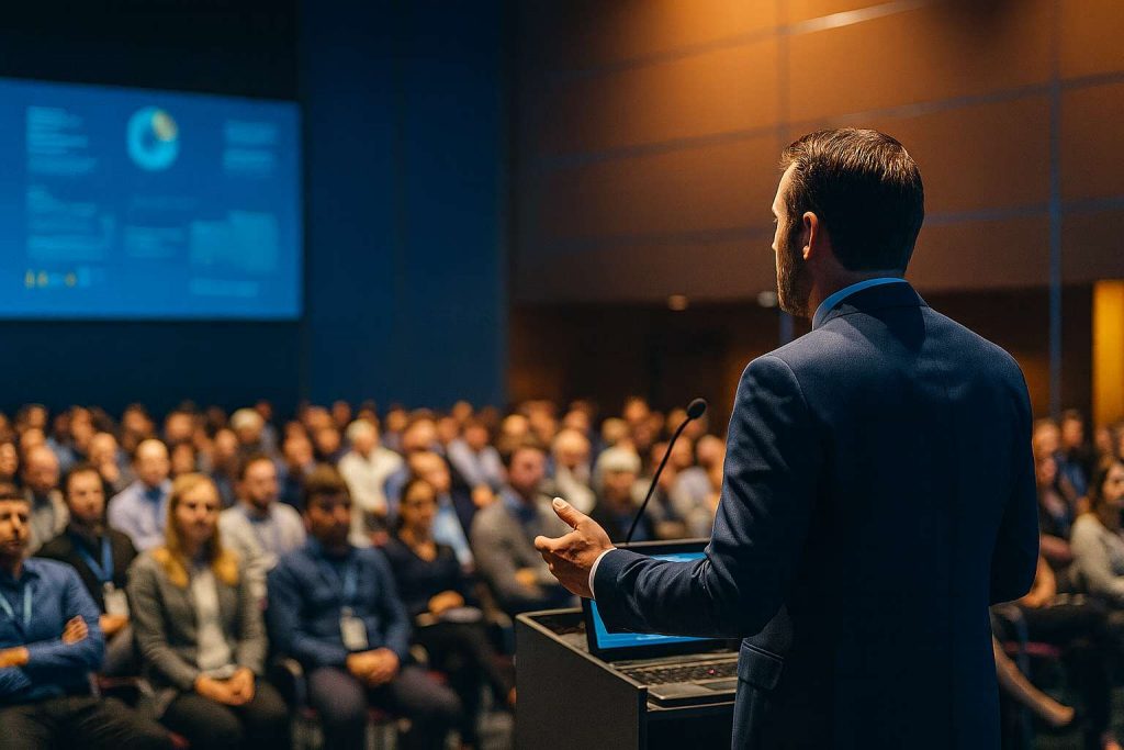 Ein Redner spricht auf einer Veranstaltung Sinnbildlich für den SEO Day Cologne über Strategien der Suchmaschinenoptimierung vor einem aufmerksam zuhörenden Publikum in einem modernen Konferenzraum.