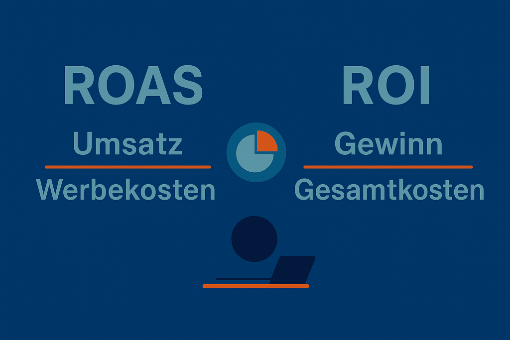 Flache Illustration auf dunkelblauem Hintergrund: Links die ROAS-Formel, rechts die ROI-Formel, dazwischen ein kleines Diagramm-Icon im gleichen Stil