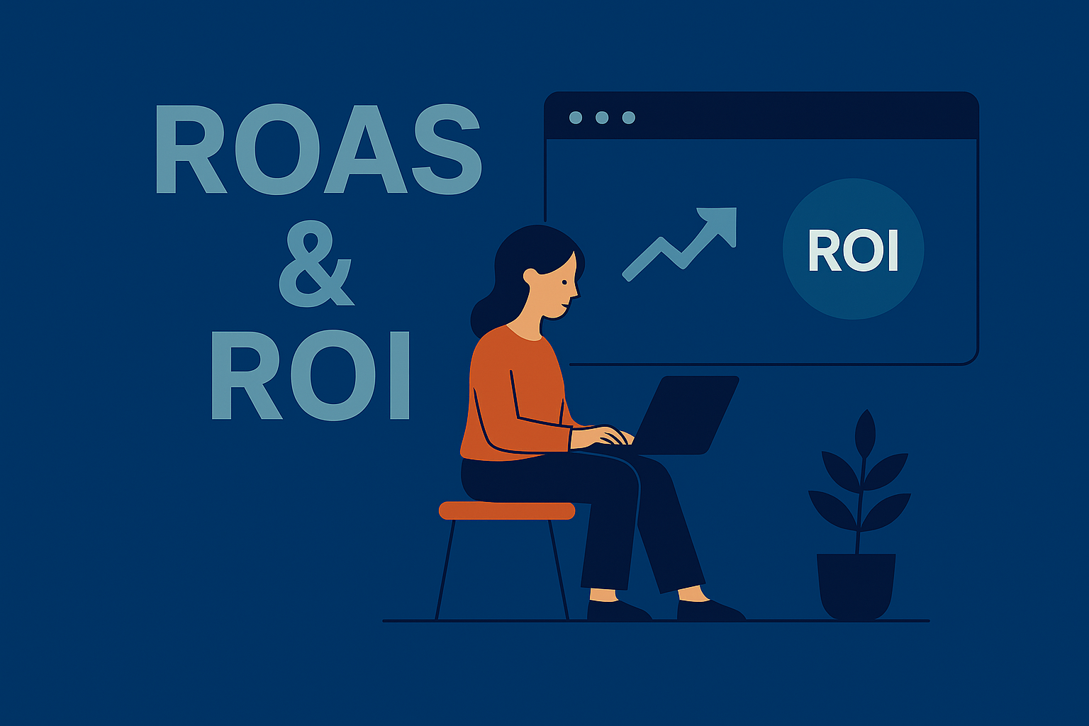 Flache Illustration im dunkelblauen Stil: Eine Frau arbeitet am Laptop, daneben große Schrift ‚ROAS & ROI‘ sowie ein Symbol für Wachstum.