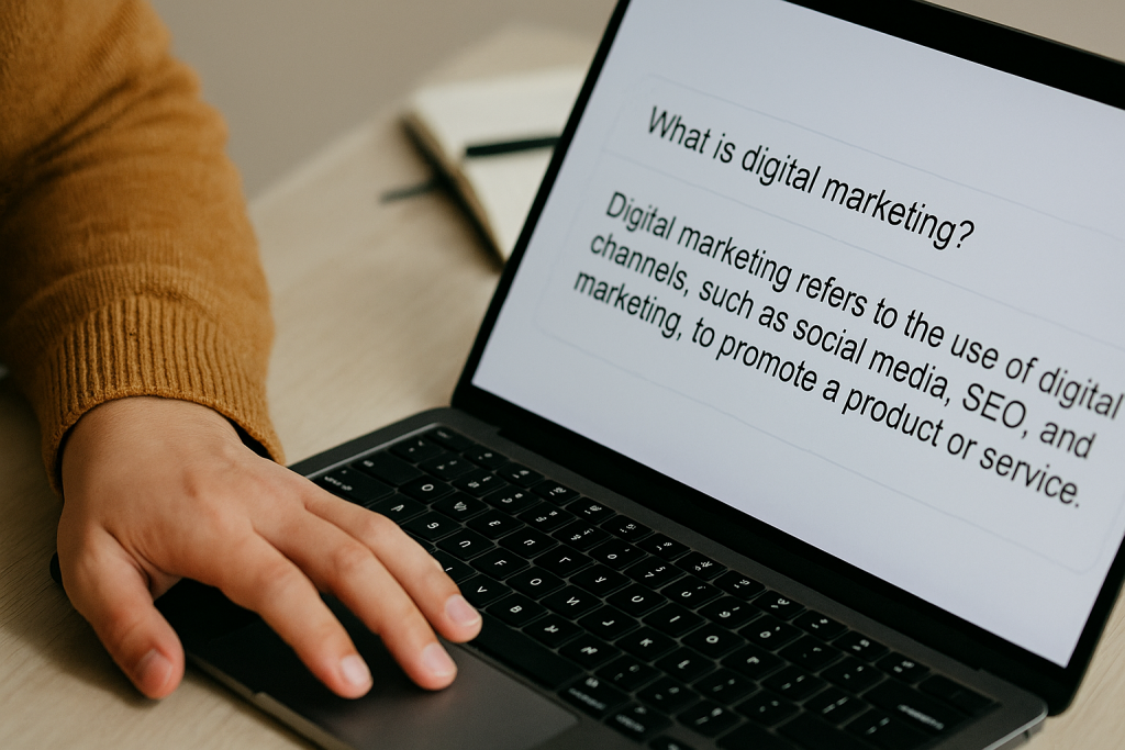 Eine Person arbeitet an einem Laptop, auf dessen Bildschirm eine Frage mit Antwort erscheint – Symbol für fragebasierten Content, der in SEO und GEO Strategien für klare Lösungen und bessere Sichtbarkeit sorgt.