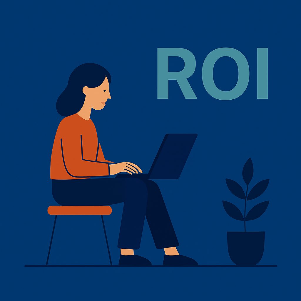 Flache digitale Illustration: Eine Frau sitzt auf einem Hocker und arbeitet am Laptop, rechts daneben steht groß der Schriftzug ‚ROI‘ vor dunkelblauem Hintergrund.
