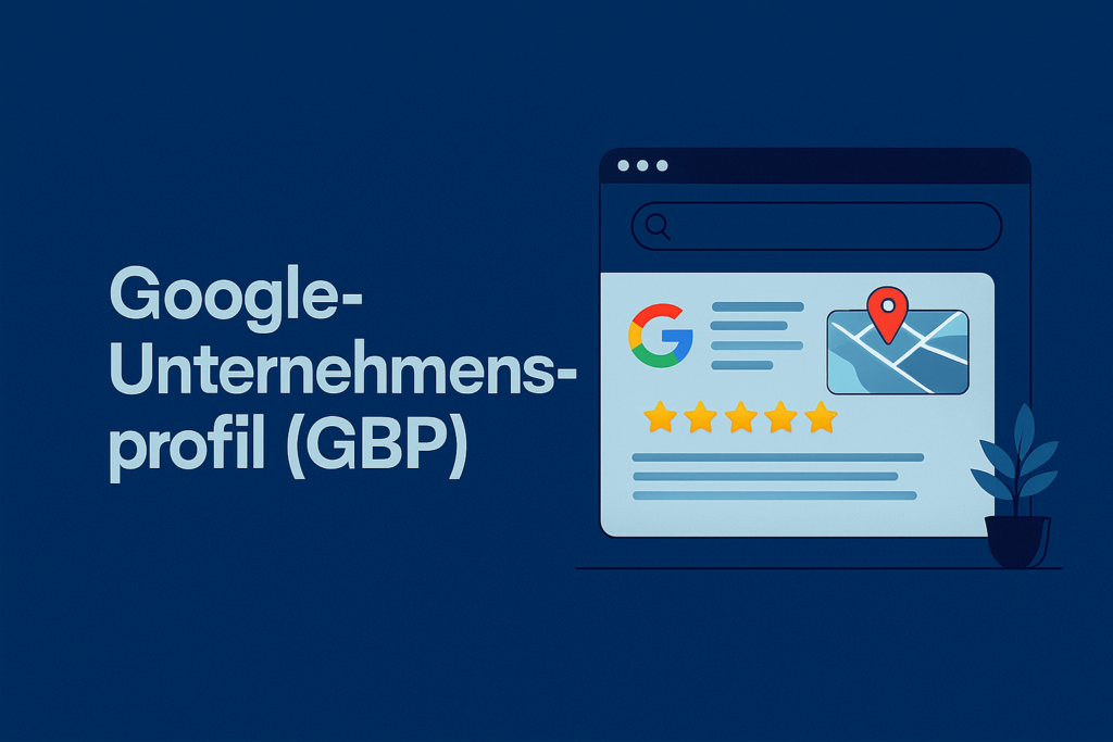 Flat-Illustration im dunkelblauen Corporate-Design: Links der Schriftzug ‚Google-Unternehmensprofil (GBP)‘, rechts eine stilisierte Google-Business-Profil-Karte mit Bewertungssymbolen und Karten-Pin.