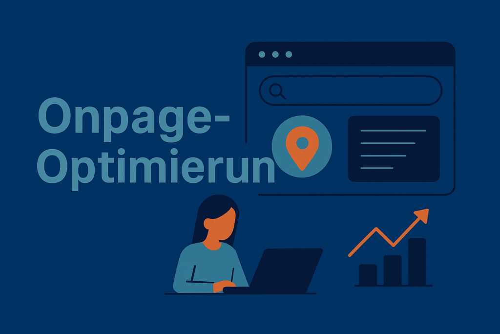 Flat-Illustration im dunkelblauen Corporate-Design: Eine Person arbeitet am Laptop, daneben ein Browserfenster mit Standort-Icon und unten rechts eine ansteigende Balkengrafik. Groß steht ‚Onpage-Optimierung‘ im Bild.