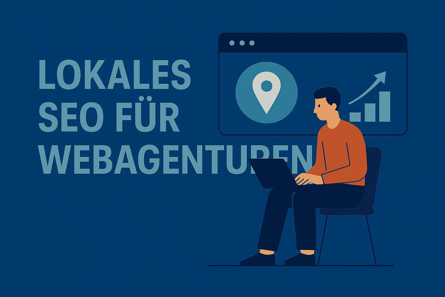 Flat-Illustration im dunkelblauen Corporate-Design: Ein Mann sitzt am Laptop, rechts ein Browserfenster mit Standort-Icon und wachsender Balkengrafik. Links steht groß und gut lesbar ‚Lokales SEO für Webagenturen‘