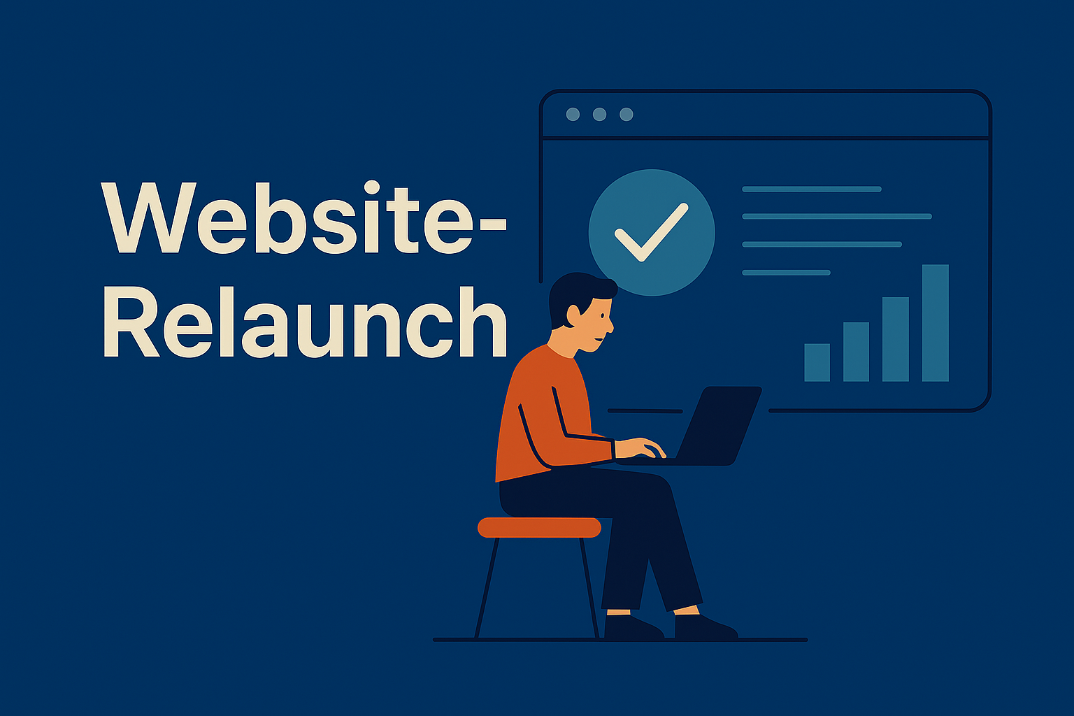 Illustration eines Mannes, der an einem Laptop sitzt, daneben eine große Browser-Grafik mit Häkchen-Symbol und steigenden Balken; links steht der Schriftzug ‚Website-Relaunch‘ auf dunkelblauem Hintergrund.