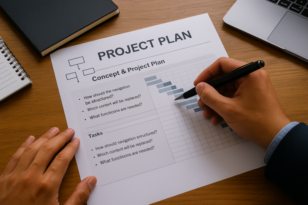 Eine Person arbeitet an einem Projektplan mit Diagrammen, Aufgabenlisten und Zeitstrahl – symbolisch für Konzeptentwicklung, Strukturierung und Planung beim Website-Relaunch.
