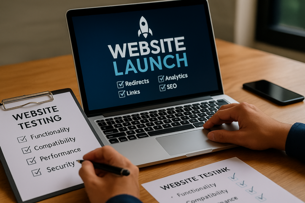 Eine Person testet eine Website vor dem Launch, überprüft Funktionen auf einem Laptop und arbeitet gleichzeitig eine Website-Testing-Checkliste durch – symbolisch für Qualitätssicherung, Redirect-Prüfungen und den finalen Go-Live-Prozess beim Website-Relaunch.