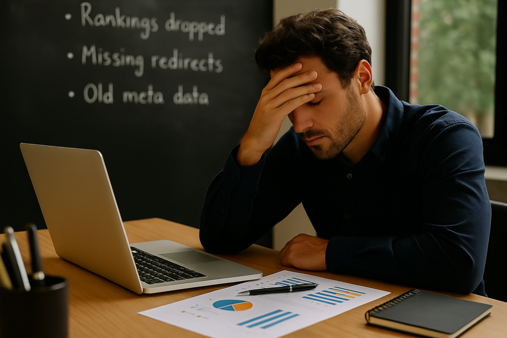 Ein frustrierter Mann sitzt vor seinem Laptop und hält sich den Kopf, während hinter ihm typische Fehler beim Website-Relaunch wie fehlende Weiterleitungen oder verlorene Metadaten sichtbar sind – symbolisch für Risiken und Probleme bei einem unstrukturierten Relaunch.