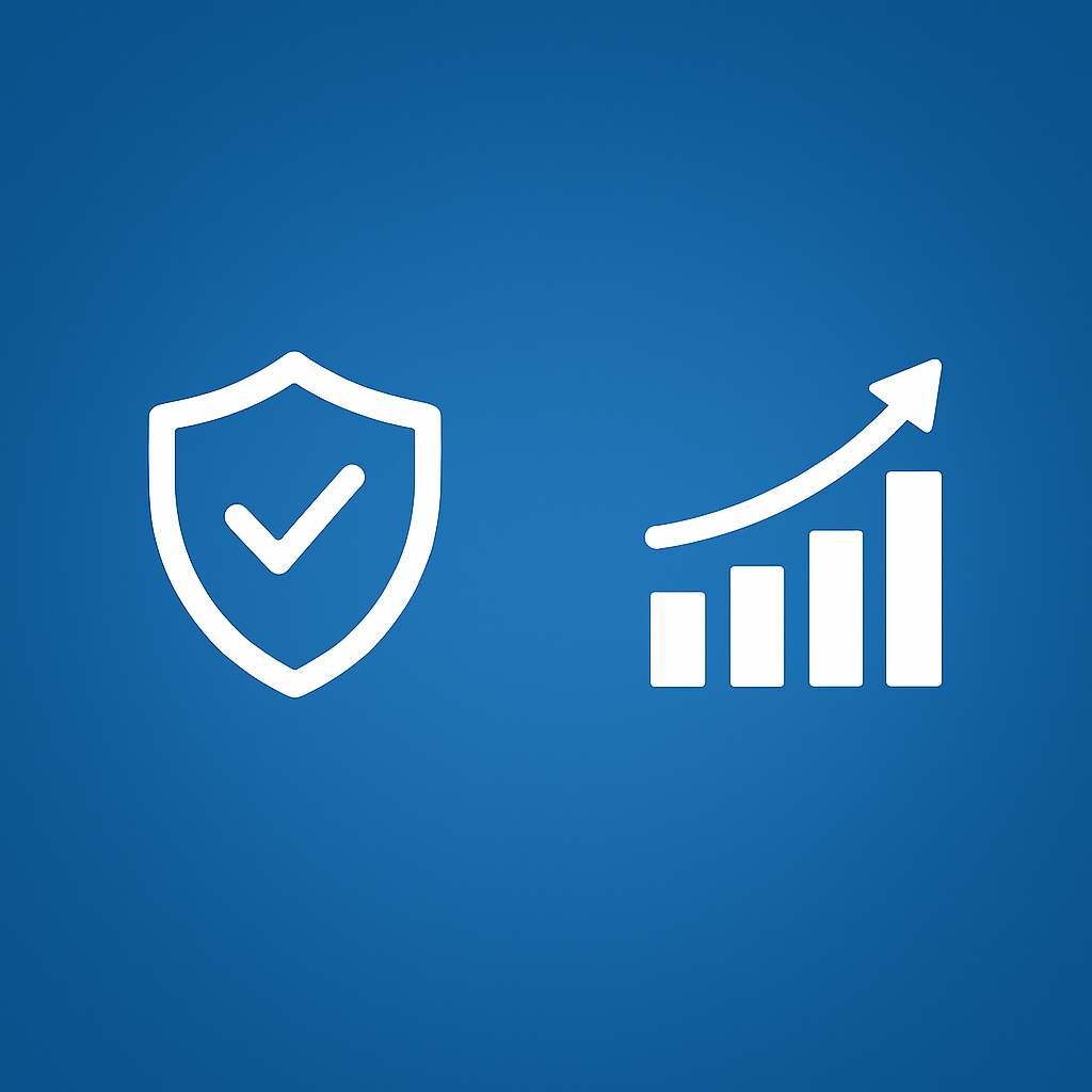 Ein blaues Bild mit sanftem Farbverlauf zeigt zwei weiße Symbole: links ein Schild mit Häkchen als Zeichen für Vertrauen und langfristige Strategie, rechts ein aufwärts gerichtetes Balkendiagramm als Symbol für Performance und kurzfristige Ergebnisse.