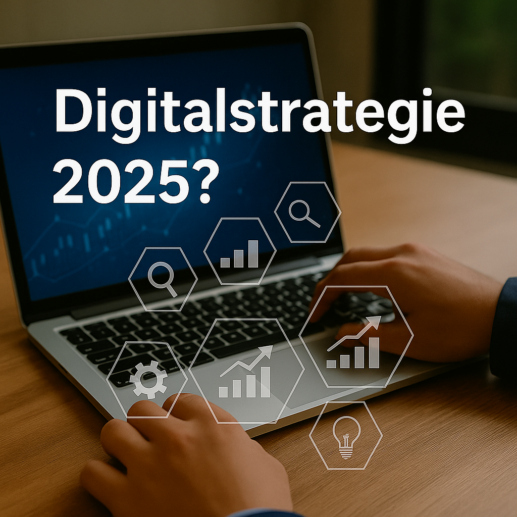 Eine Person arbeitet an einem Laptop, während auf dem Bildschirm und im Vordergrund transparente digitale Symbole zu Trends und Technologien erscheinen; darüber steht der kurze Titel „Digitalstrategie 2025?“ – symbolisch für zukünftige Innovationen und digitale Entwicklungen.