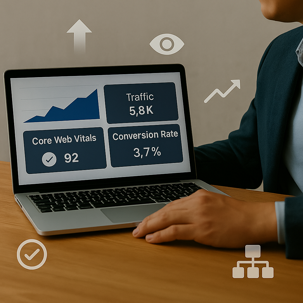 Ein Mann betrachtet auf seinem Laptop wichtige Website-Kennzahlen wie Traffic, Sichtbarkeit, Core Web Vitals und Conversionrate; grafische Symbole und Diagramme verdeutlichen das kontinuierliche Monitoring und die Optimierung nach einem Website-Relaunch.