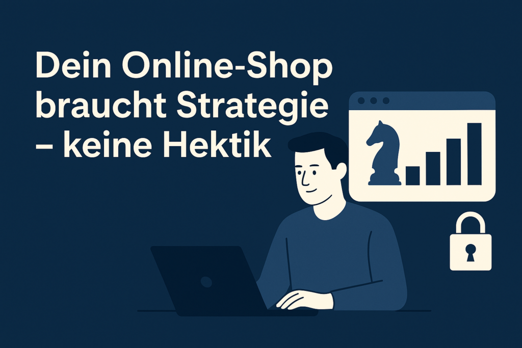 Flat-Illustration im dunkelblauen Design: Ein Mann arbeitet am Laptop. Daneben Symbole für Recht und Sicherheit – ein Browserfenster mit Paragraphenzeichen, ein Vorhängeschloss und ein Kreditkarten-Icon.