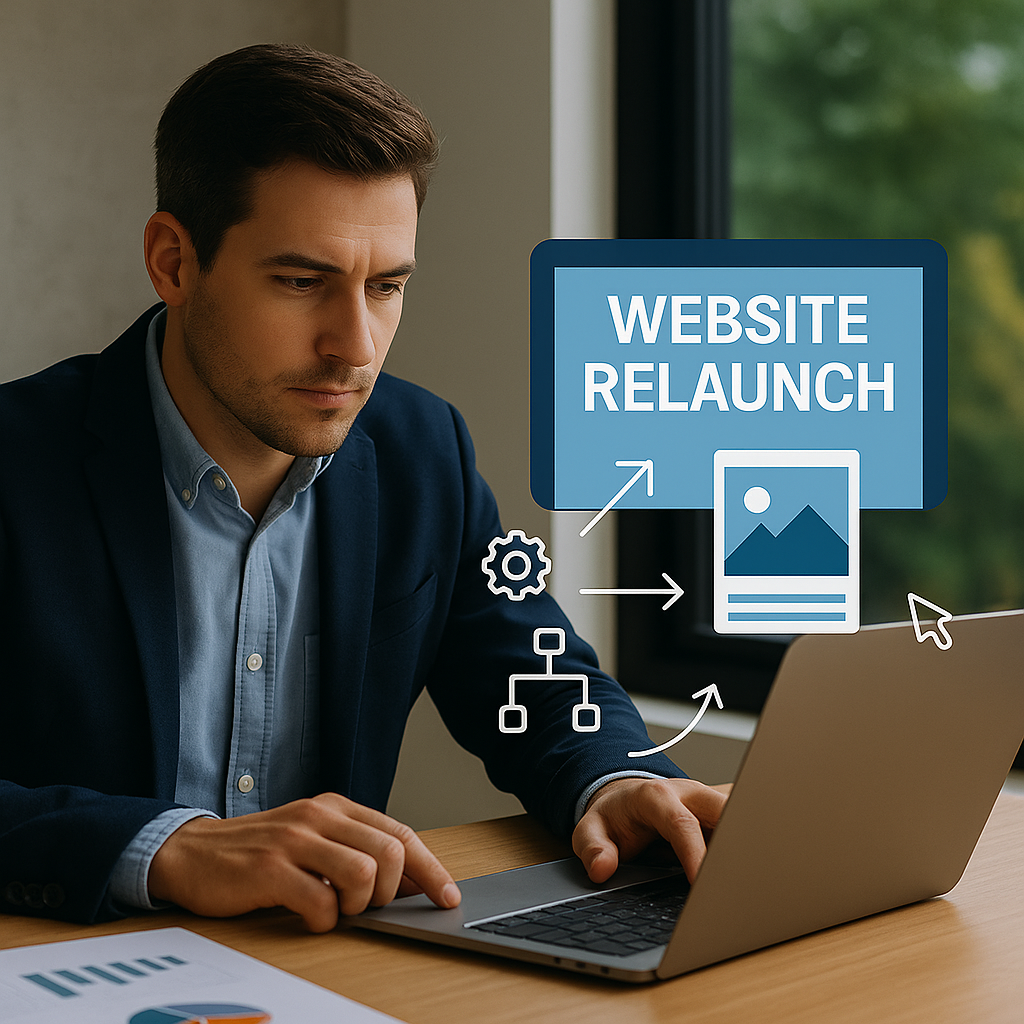 Ein Mann arbeitet konzentriert an einem Laptop, während grafische Symbole für Website-Relaunch, Navigation, Inhalte und technische Optimierung erscheinen – symbolisch für die umfassende Erneuerung einer Website in Design, Technik, Struktur und SEO.