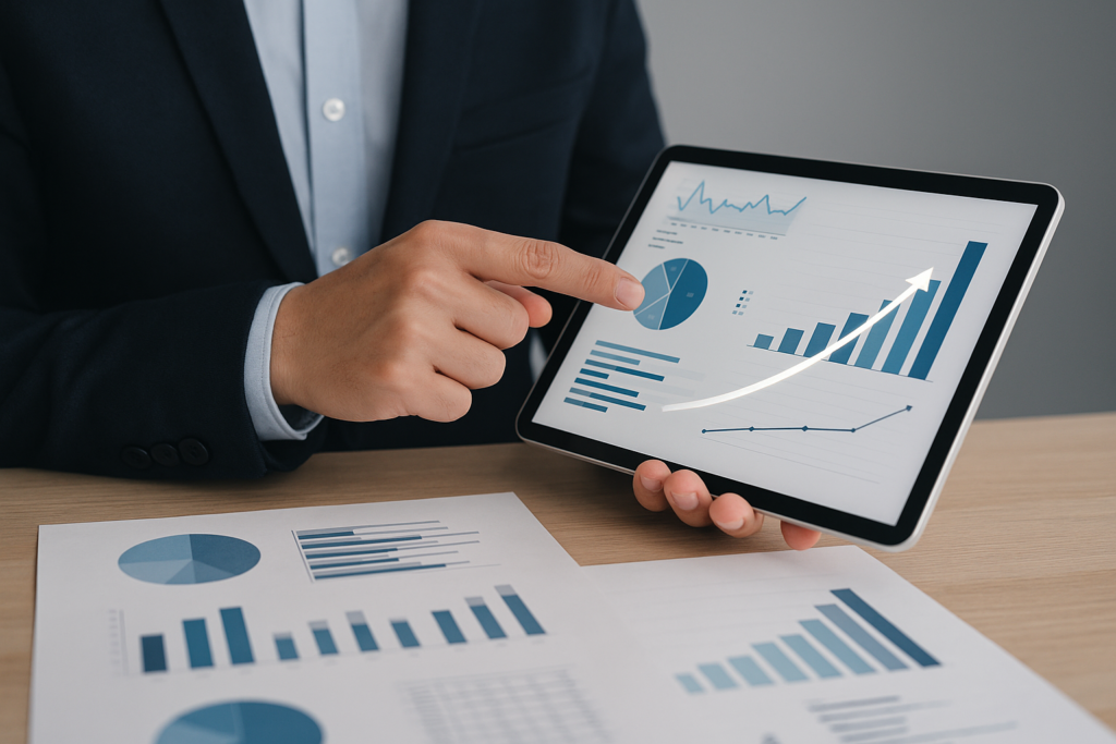 Eine Person in Businesskleidung analysiert auf einem Tablet Diagramme und Kennzahlen – Symbol für GEO-Erfolg, Performance-Messung und datenbasierte KPIs im digitalen Marketing.