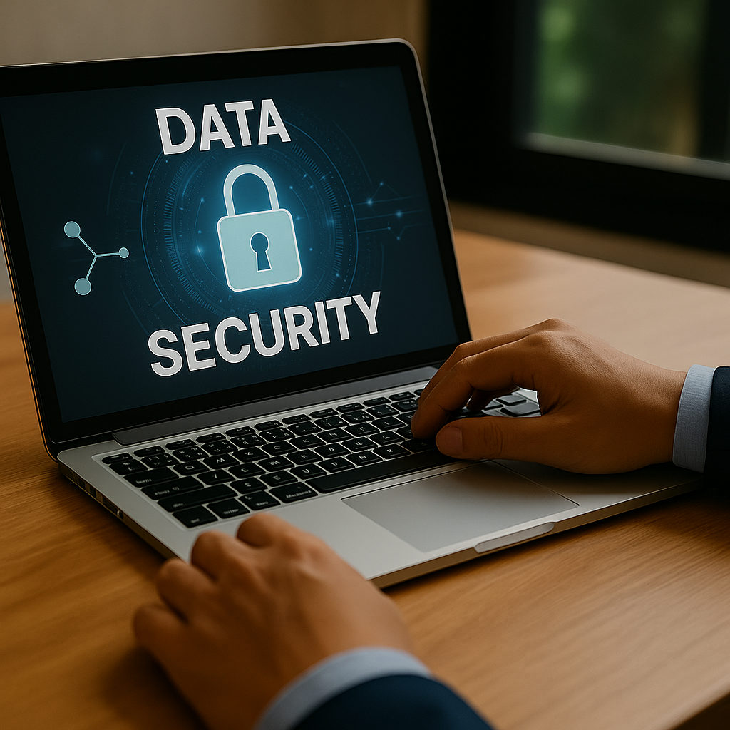 Eine Person arbeitet an einem Laptop, auf dessen Bildschirm ein digitales Schloss und der Schriftzug „Data Security“ angezeigt werden – symbolisch für Datensouveränität, Datenschutz, Zero-Trust-Sicherheit und verantwortungsvollen Umgang mit Nutzerdaten.