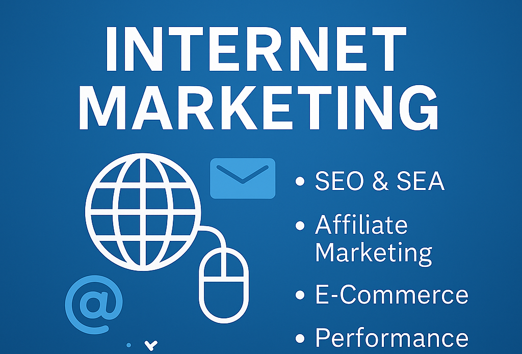 Grafik mit der Überschrift „Was steckt hinter dem Begriff Internet Marketing“. Unter dem Titel sind Symbole wie Globus, Maus, E-Mail und @-Zeichen zu sehen. Rechts daneben stehen die typischen Bereiche des Internet Marketings: SEO & SEA, Affiliate Marketing, E-Commerce und Performance.