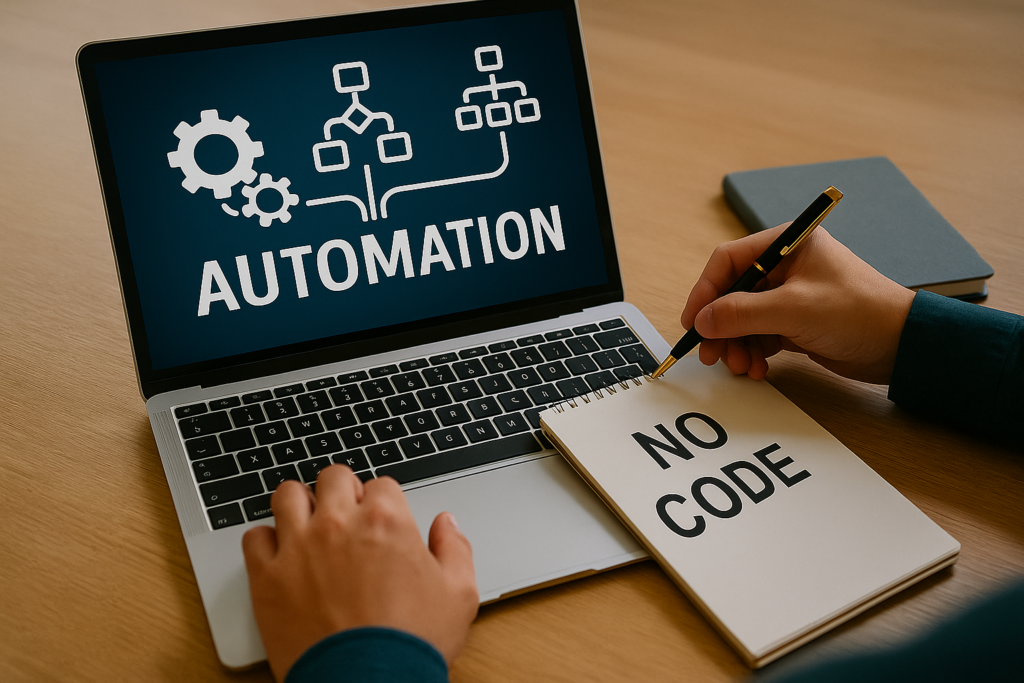 Eine Person arbeitet an einem Laptop mit der Anzeige „Automation“, während sie in einem Notizbuch den Begriff „No Code“ notiert – symbolisch für automatisierte Workflows, effiziente Prozessoptimierung und den Einsatz von No-Code-Tools in digitalen Strategien.