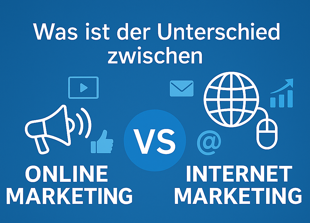 Infografik mit der Überschrift „Was ist der Unterschied zwischen“ in einer Zeile. Links stehen Symbole und der Begriff „Online Marketing“, rechts Symbole und der Begriff „Internet Marketing“, getrennt durch ein zentrales „VS“. Die unteren doppelten Textzeilen wurden entfernt.
