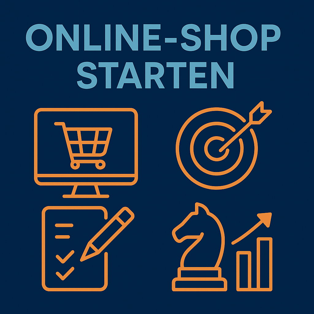 Flat-Illustration im dunkelblauen CI-Stil: Oben steht ‚Online-Shop starten‘ in hellblauer Schrift. Darunter vier orangefarbene Icons: ein Monitor mit Einkaufswagensymbol, eine Zielscheibe, ein Notizblock mit Stift und ein Strategie-Icon mit Schachfigur und Wachstumsgrafik.