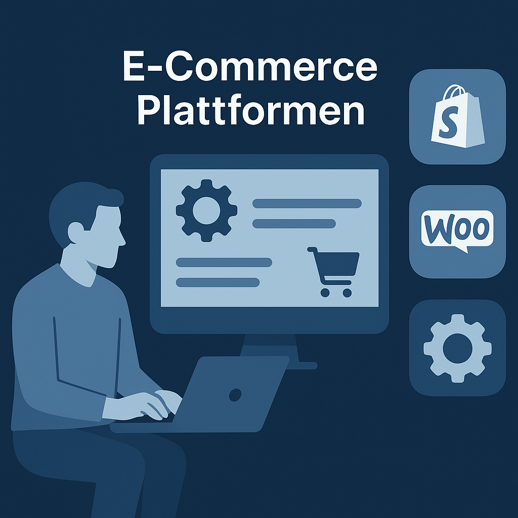 Flat-Illustration im dunkelblauen Corporate-Design: Ein Mann arbeitet am Laptop, daneben ein großer Bildschirm mit E-Commerce-Symbolen. Rechts sind Icons der Plattformen Shopify, WooCommerce und eines Systems dargestellt. Oben steht der Titel ‘E-Commerce Plattformen’.