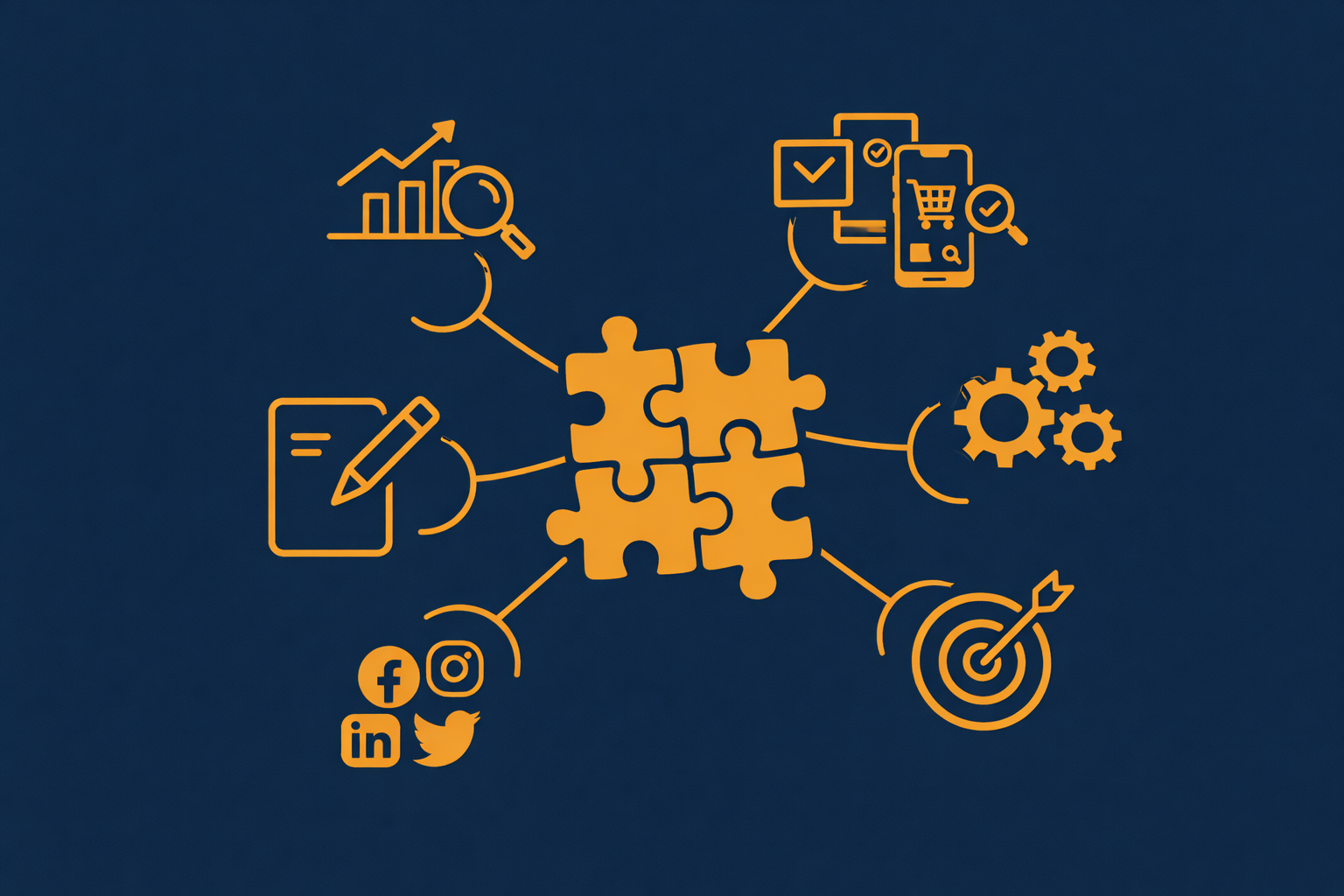 Flat-Illustration im dunkelblauen Corporate-Design: In der Mitte greifen orangefarbene Puzzleteile ineinander, verbunden mit Icons für Strategie, Marketing, Content, Social Media, E-Commerce, Datenanalyse und technische Integration – Symbol für ganzheitliche Full-Service-Betreuung